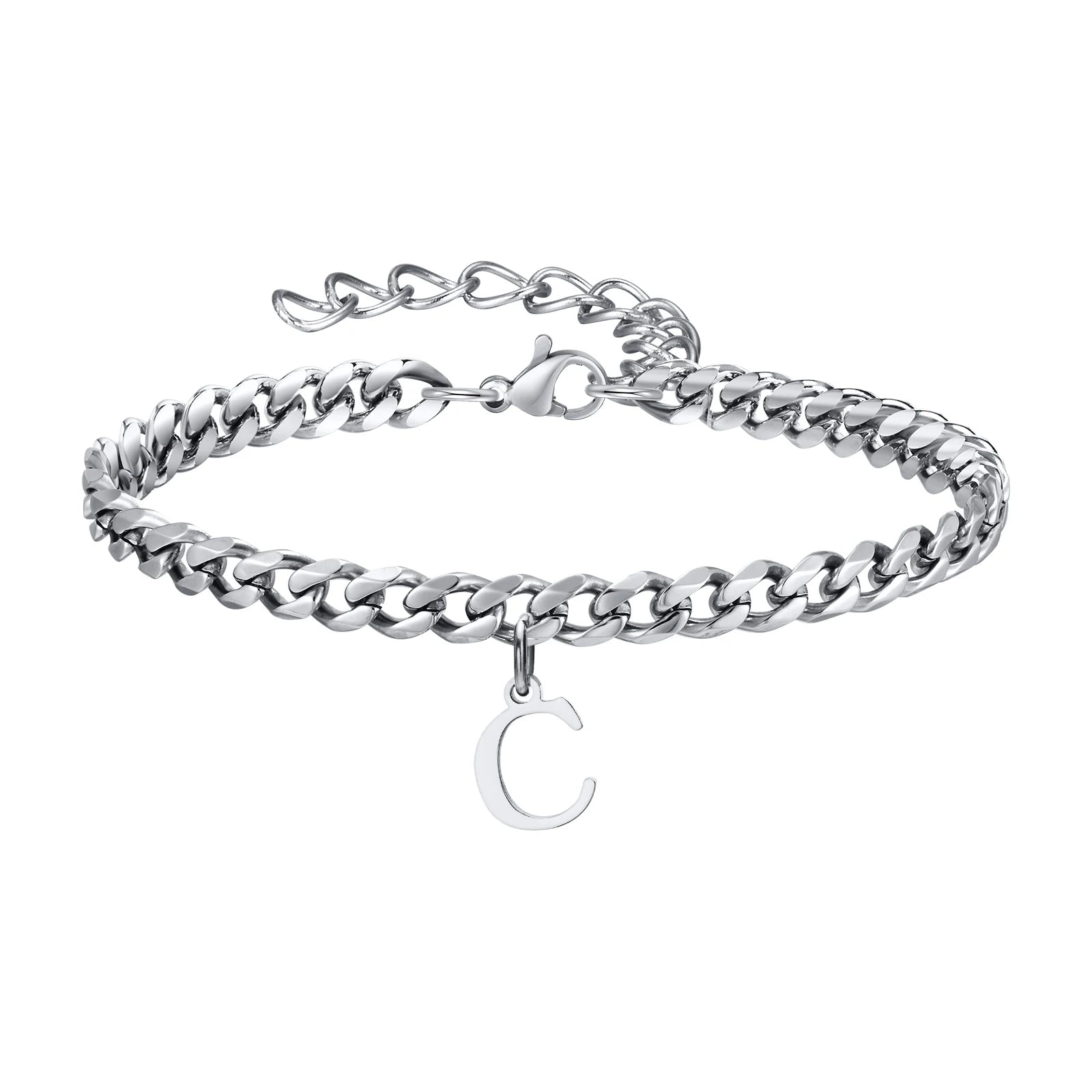 Vnox A-Z Initial Bracelets for Men Women, Never Fade Silver Color Stainless Steel Cuban Chain Bracelet with 26 Letter