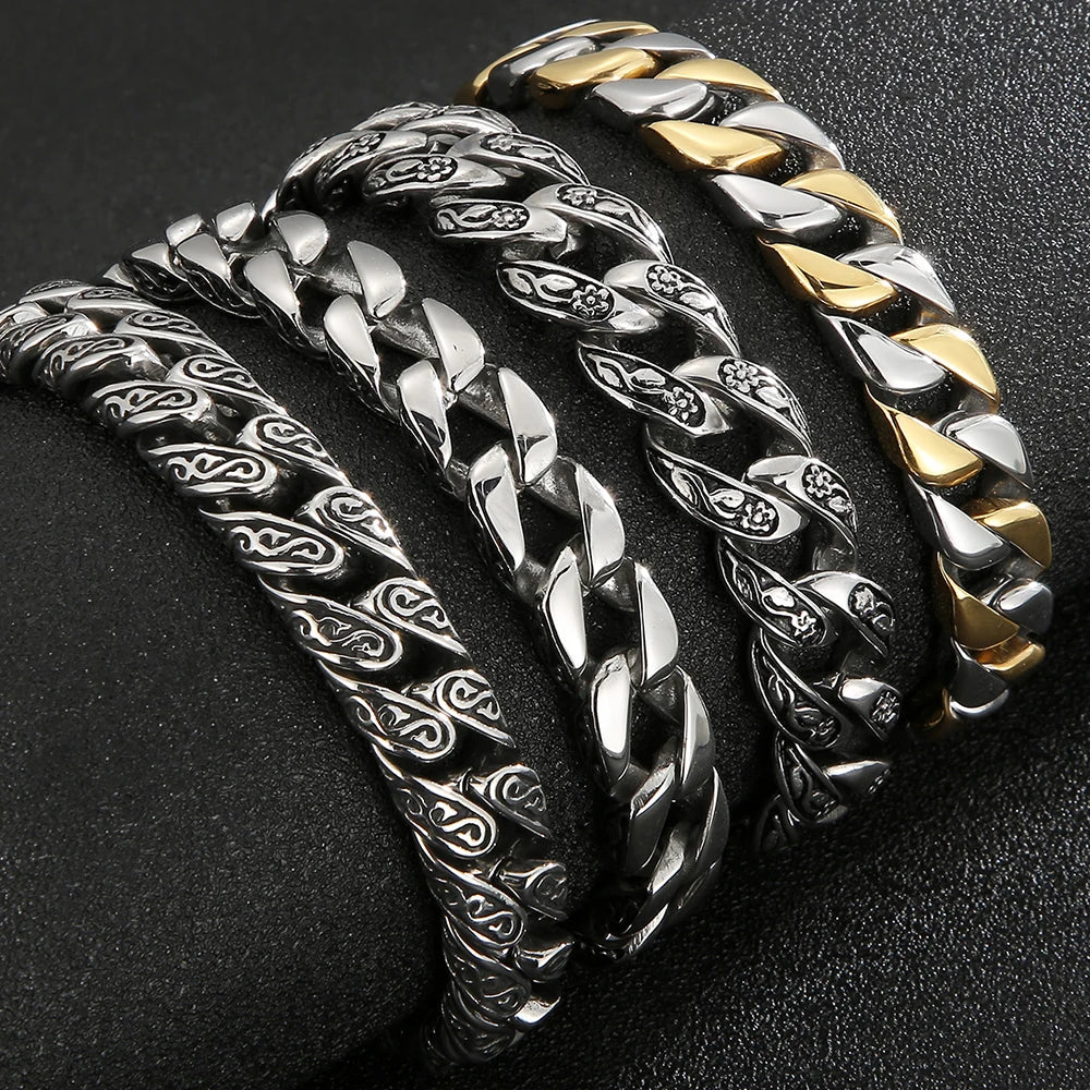 Man Bracelet Homme 12MM Wide Stainless Steel Curb Chain Charm Bracelets On Hand Bands for Men Vintage Mens Jewellery