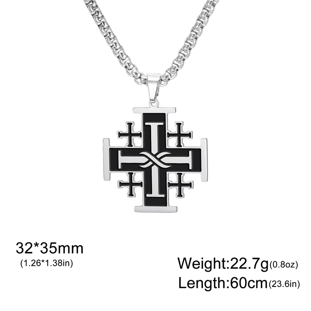 Jerusalem Crusader Cross Necklace — Five-Fold, Stainless Steel