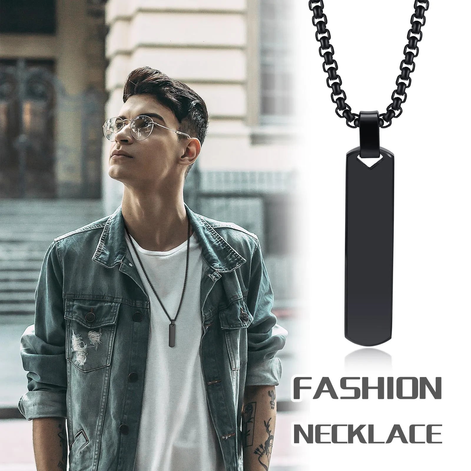 Vnox Stainless Steel Vertical Bar Necklaces for Men Boys, Black Simple Metal Pillar Pendant, Casual Neck Collar