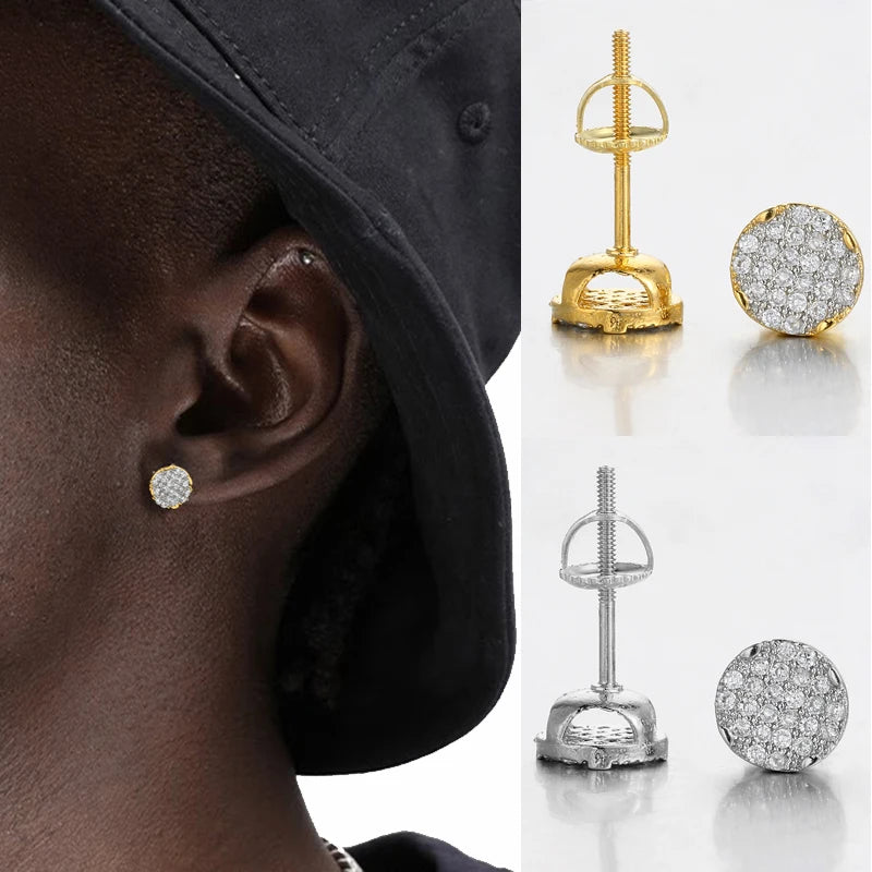 Iced Out Zircon Screw Stud Earrings — Gold