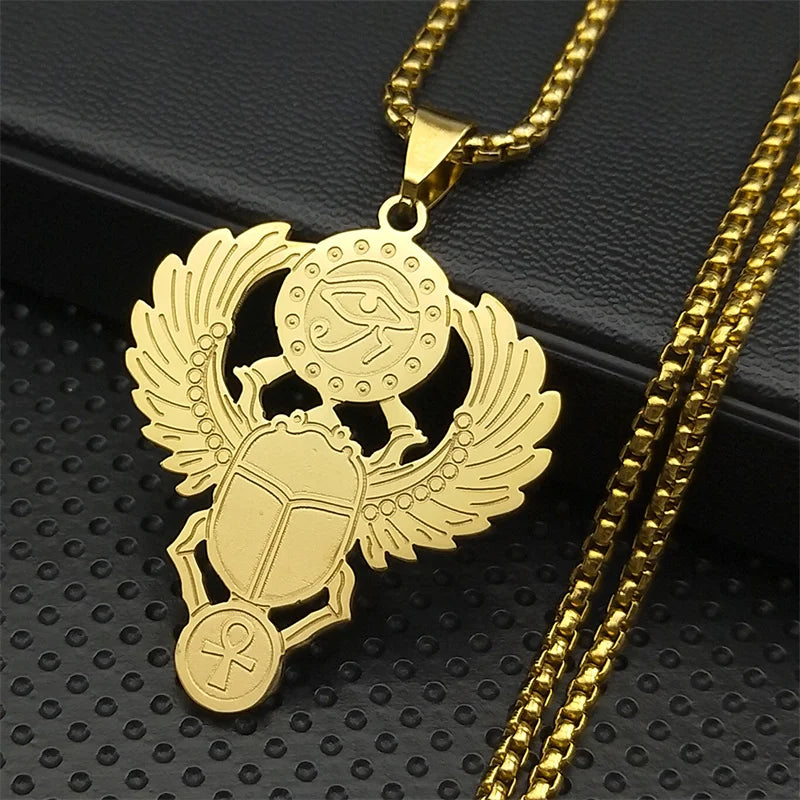 Egyptian Scarab Eye of Ra Horus Symbol Necklaces Stainless Steel Gold Color Ankh Key Of Life Necklace Jewelry collares