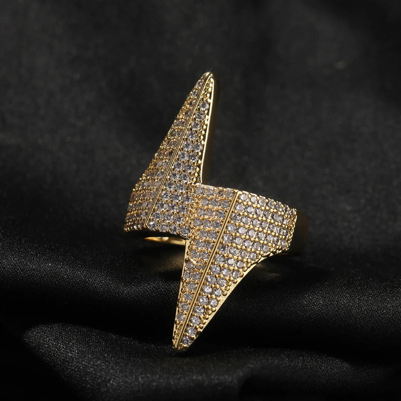 Iced Out Lightning Bolt Ring for Men — Two-Tone CZ Pave