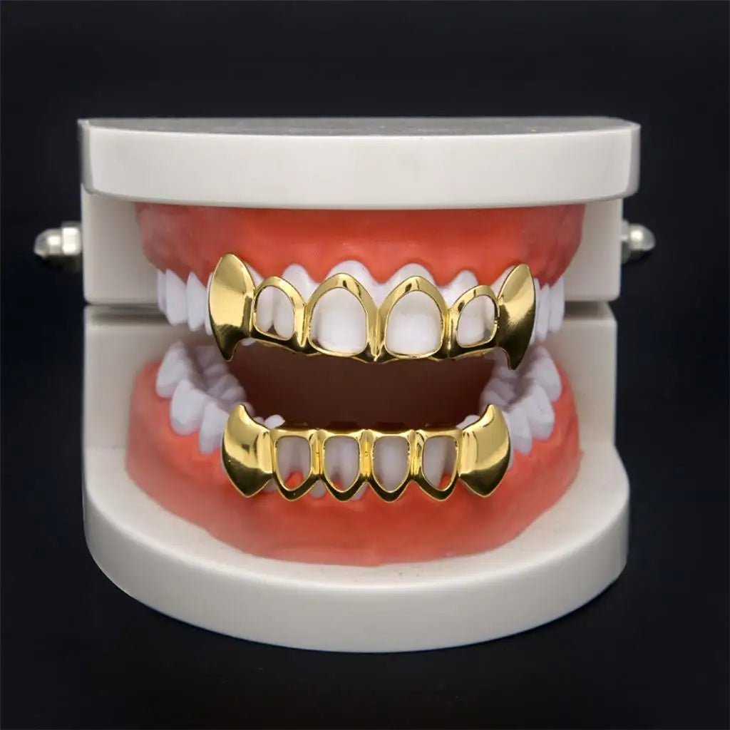 Open Face Teeth Grillz Hollow Top & Bottom Caps — Gold-Tone