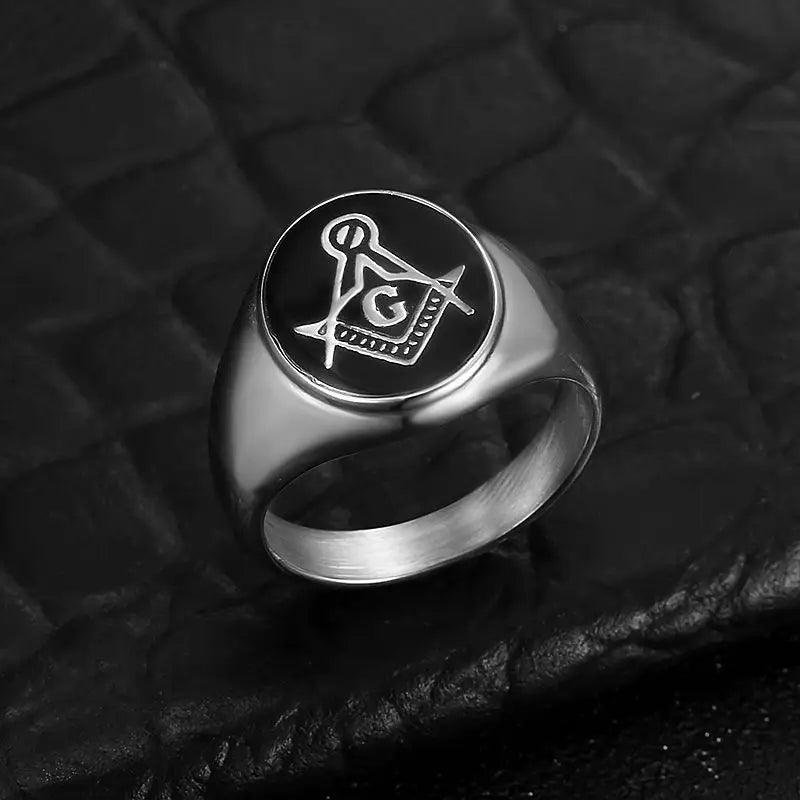 Geometric Black Glue Masonic AG Rings Stainless Steel Men Personalized Fashion Ring Charm Jewelry