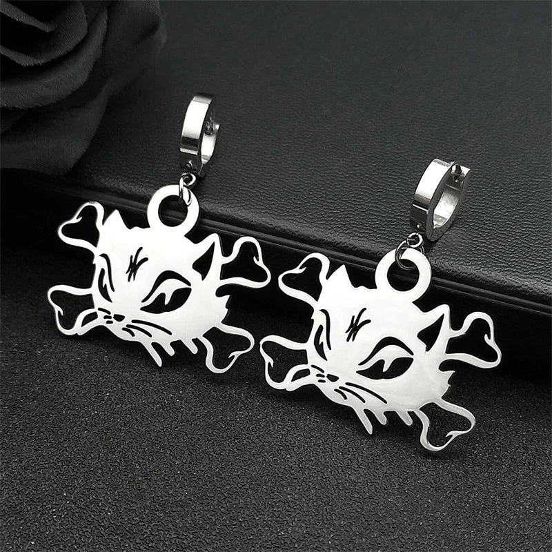Cat Silver Earrings Vintage Head Bone Hoop Gothic