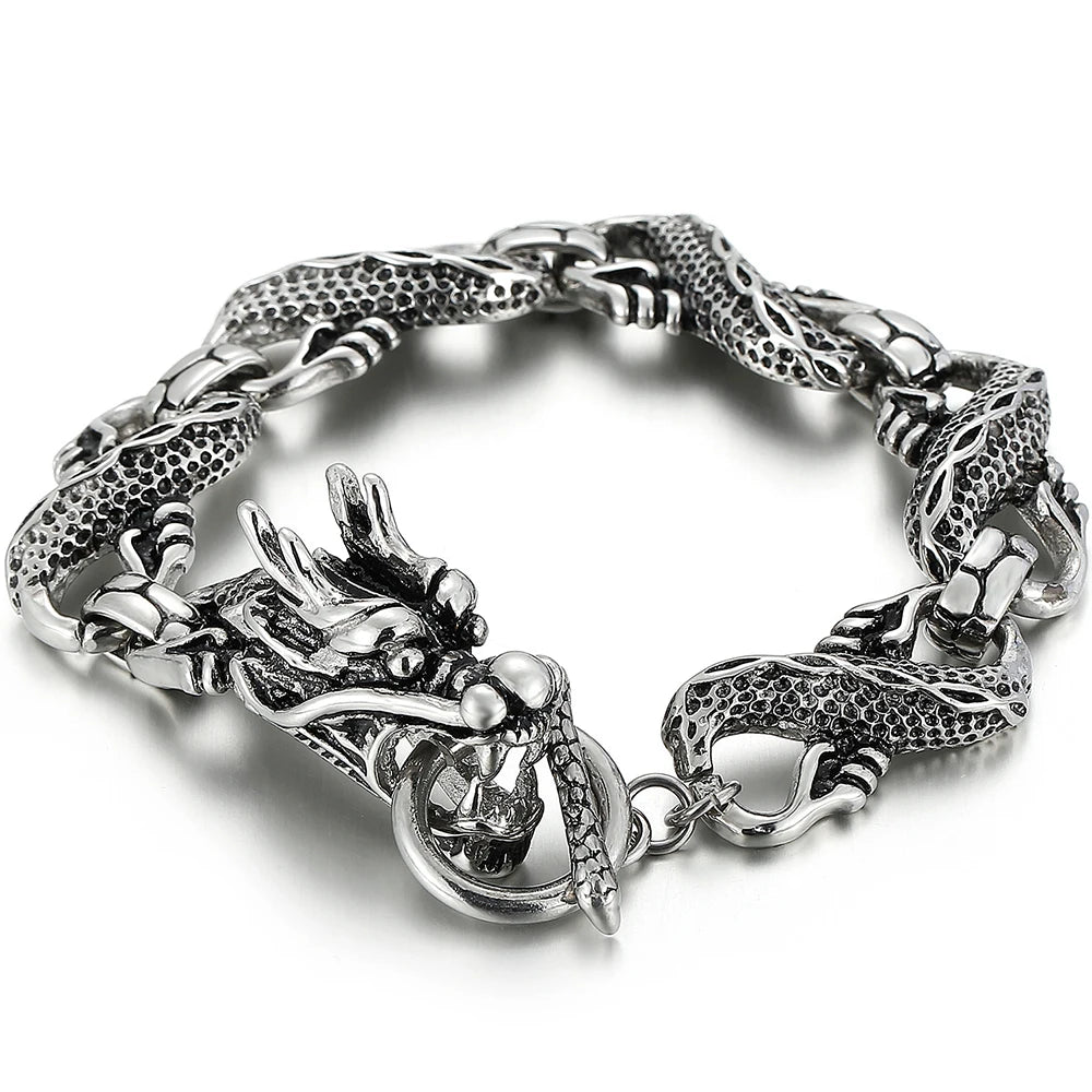 Massive Chinese Dragon Head Cuff Men's Bracelets Vintage Stainless Steel Loong Body Chain Bracelet for Man Gothic