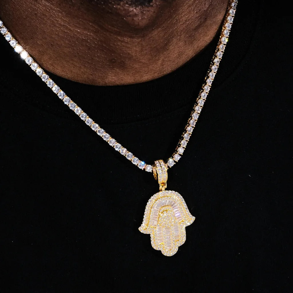 Iced Baguette Hamsa Pendant Necklace — Copper