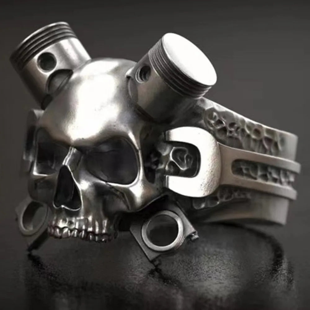 Steampunk Wrench Skull Ring — Gothic Statement