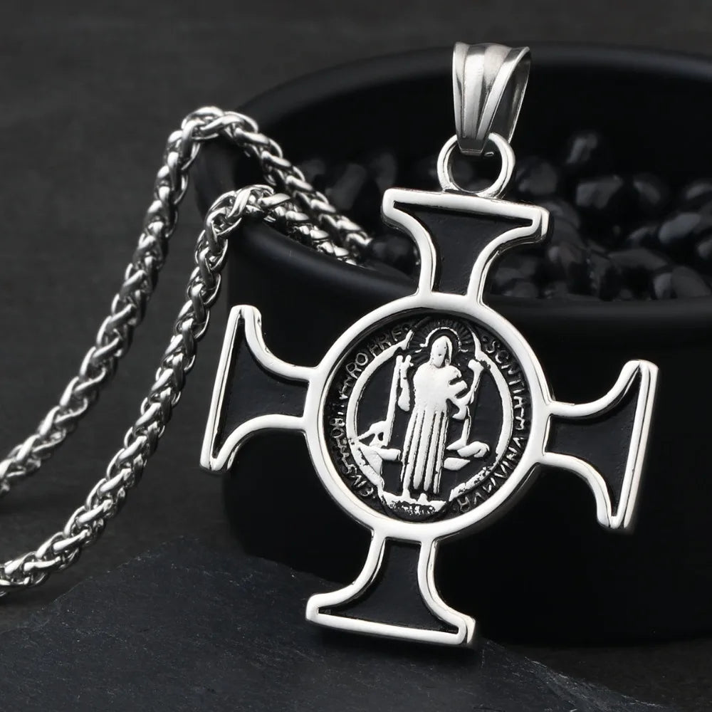 St. Benedict Exorcism Cross Pendant Necklace — Stainless Steel