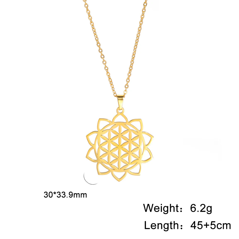 Flower of Life Sacred Geometry Necklace Stainless Steel Mandala Neck Chain Women Men Vintage Universal Spiritual Jewelry