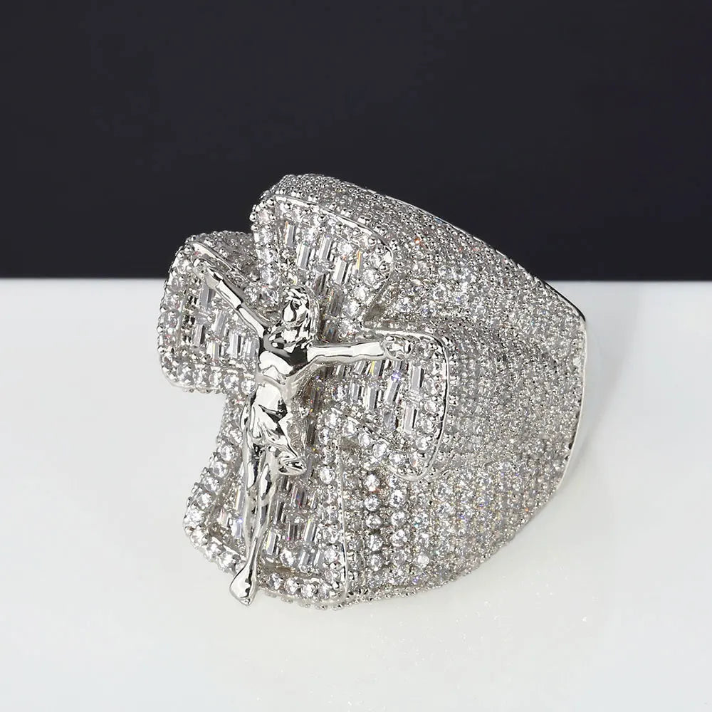 Iced Out Cross Jesus Ring Stainless Steel CZ