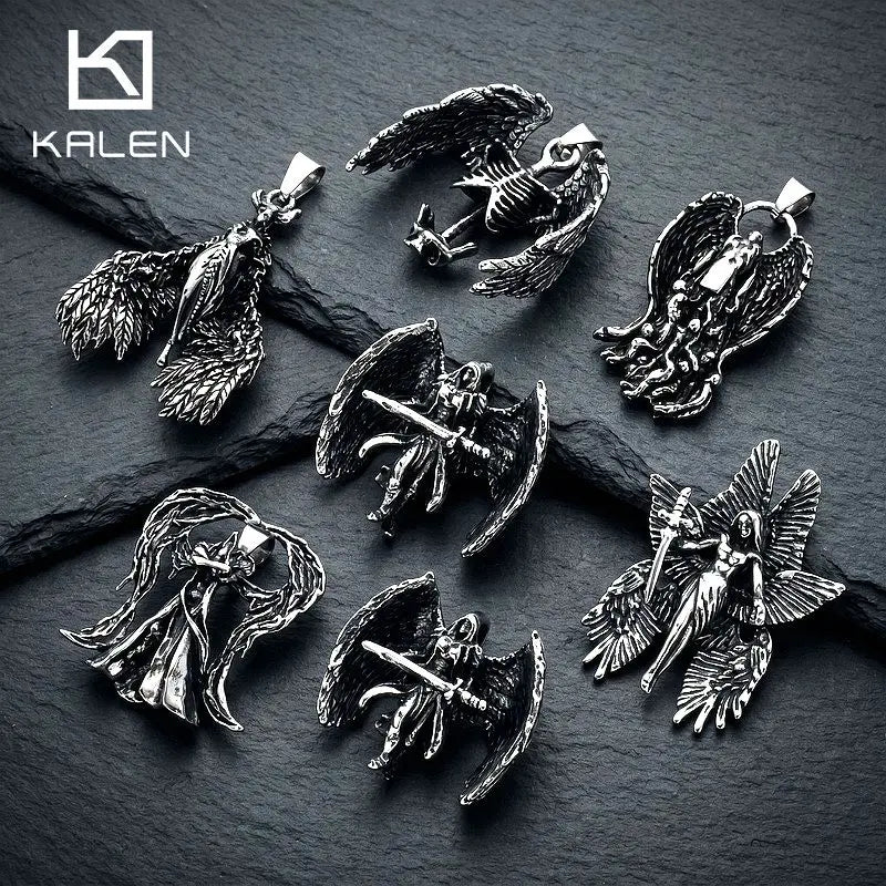 KALEN Vintage Gothic Fallen Angel Pendant Necklace For Men Stainless Steel Death Grim Reaper Wing Totem Charm Fashion Jewelry