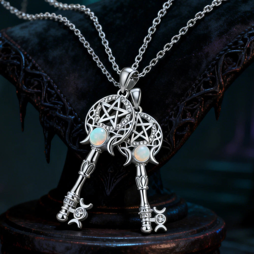 Witchcraft Triple Moon Goddness Key Shape Necklaces Opal Zircons Pentagram Symbol Pendant Witch Amulet Protection