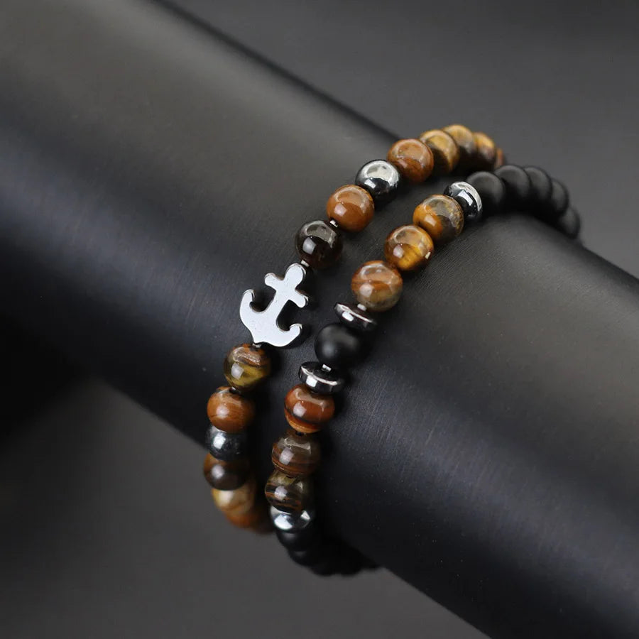 Cool 2Pcs/Set Anchor Stone Bracelet Man Howlite Obsidian Tiger Eyes Grade A Beaded Strand Braslet Fashion Boyfriend