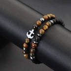 Cool 2Pcs/Set Anchor Stone Bracelet Man Howlite Obsidian Tiger Eyes Grade A Beaded Strand Braslet Fashion Boyfriend