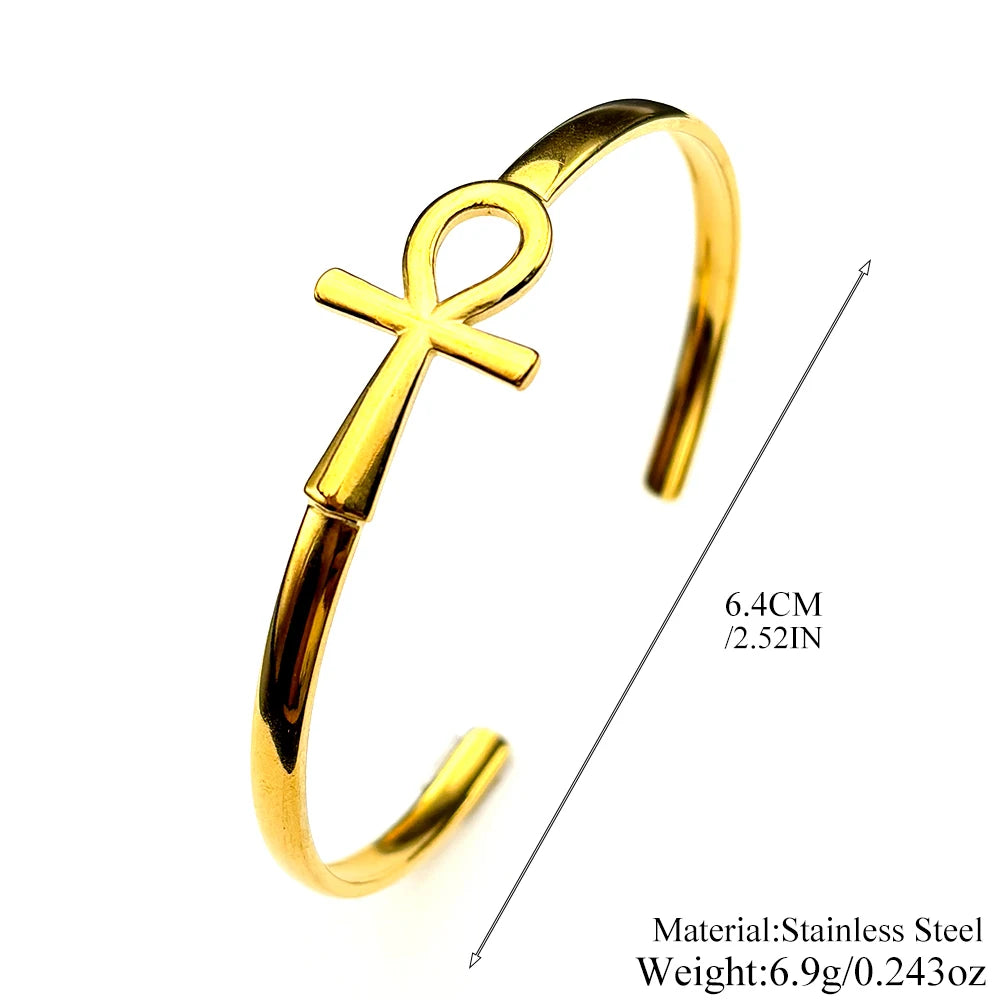 Ancient Egyptian Ankh Cross Key of Life Symbol Open Cuff Bangle for Women Men Stainless Steel Egypt Adjustable Bracelet Jewelry