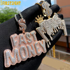 New Iced Out Bling Crown Letters Money Pendant Necklace Two Tone Color CZ Zircon Dollar Symbol Necklaces Men's Hip Hop Jewelry