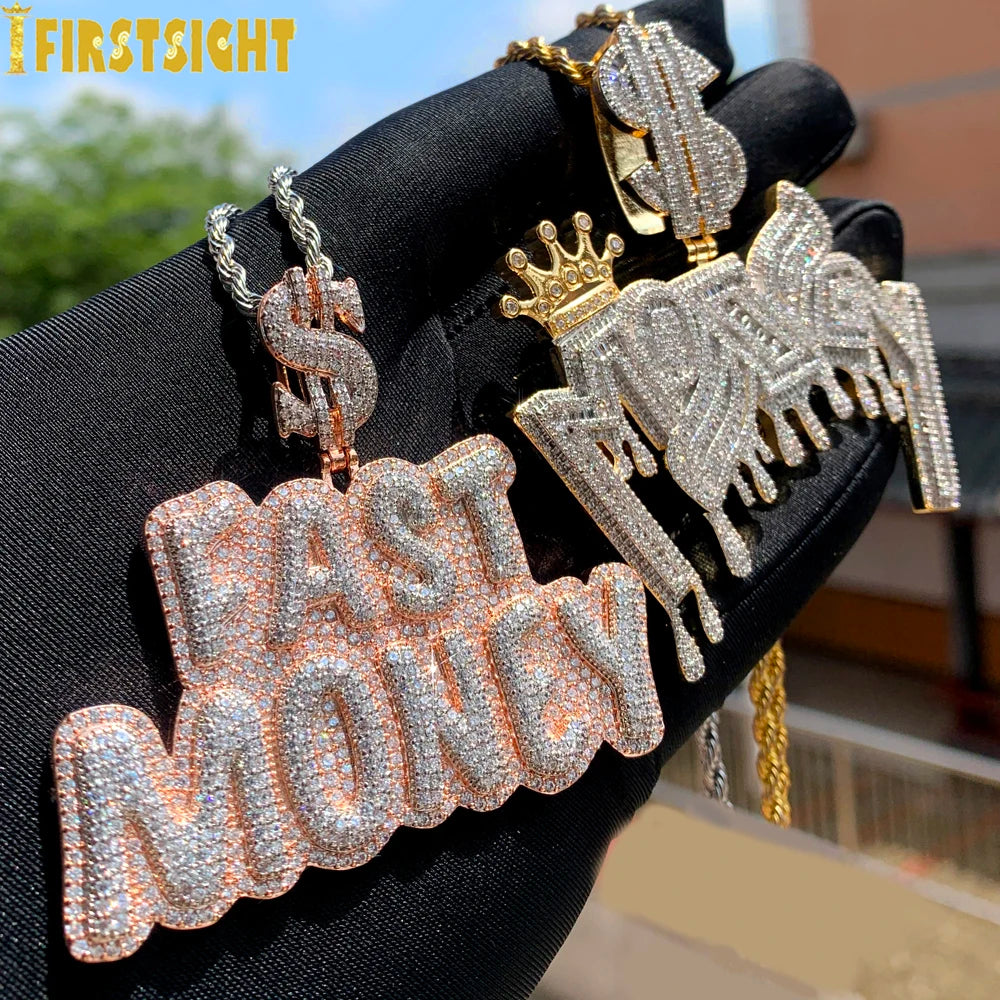 New Iced Out Bling Crown Letters Money Pendant Necklace Two Tone Color CZ Zircon Dollar Symbol Necklaces Men's Hip Hop Jewelry