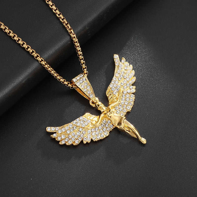 Iced Out Angel Wings Pendant Necklace — Gold