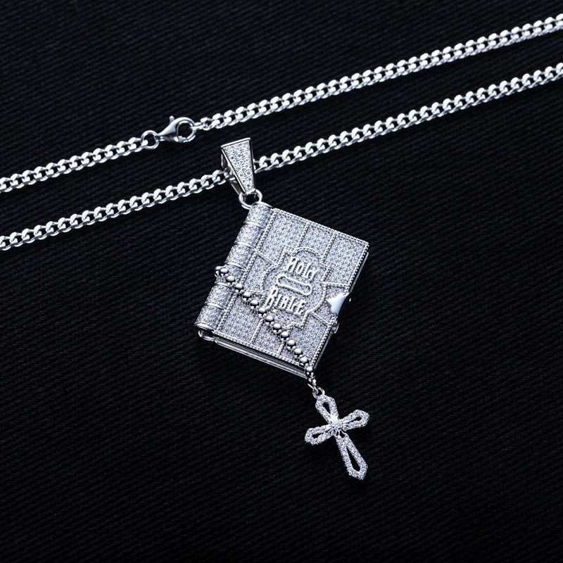 Iced Out Bible Cross Pendant — 925 Silver