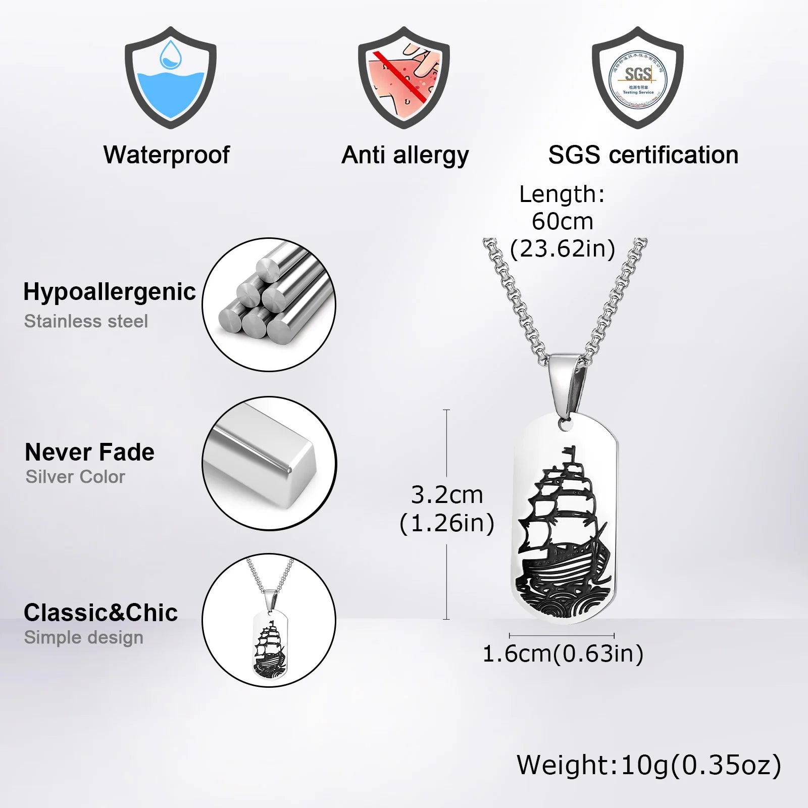 Punk Sea Wave Dog Tag Necklace for Men,Stainless Steel Black Oill Sailboat Military Pendant,Gift to Husband Son Dad