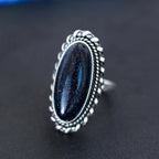 Retro Silver Ring Jewelry Vintage Blue Sandstone Large Stone Luxury Elegant Ring Fine Gift  Rings for Women Men