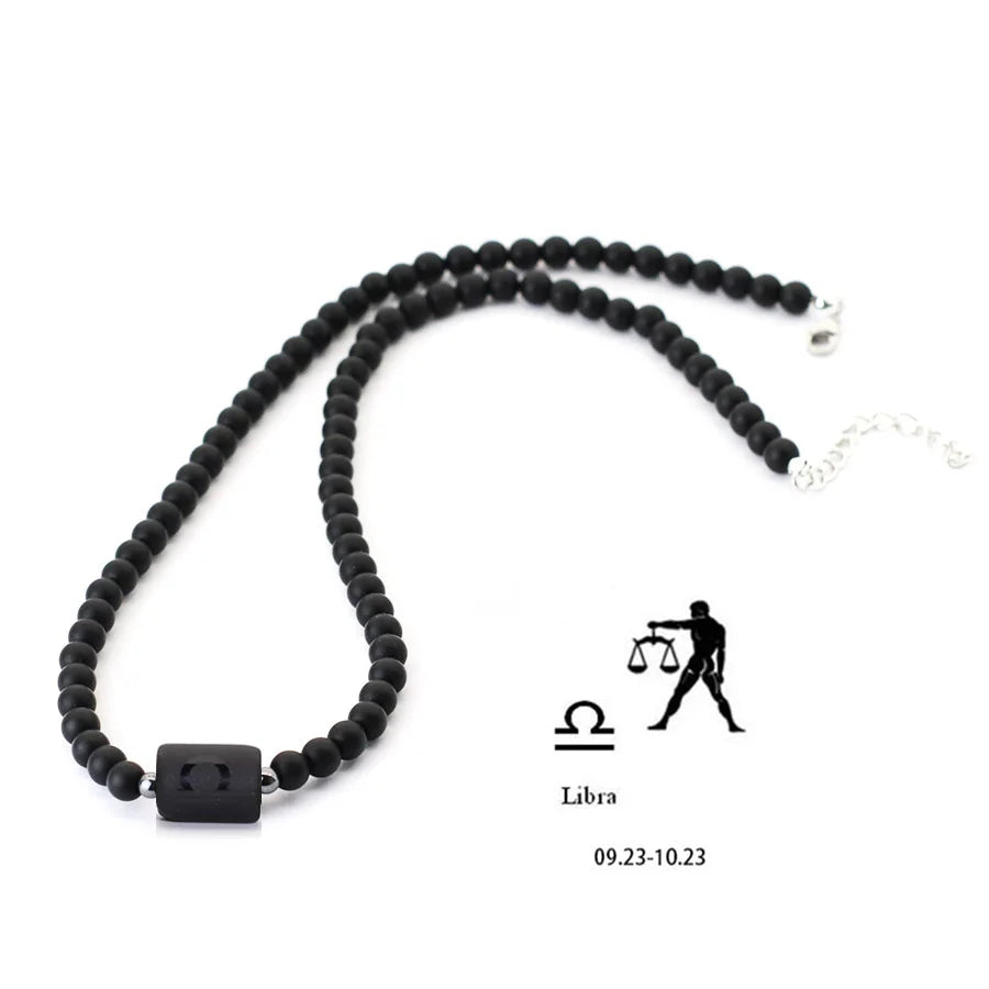 Fashion 12 Constellations Beaded Necklace Men Natural Black Onyx Stone Beads 48cm Short Collar Jewelry Leisure Party Homme Joias