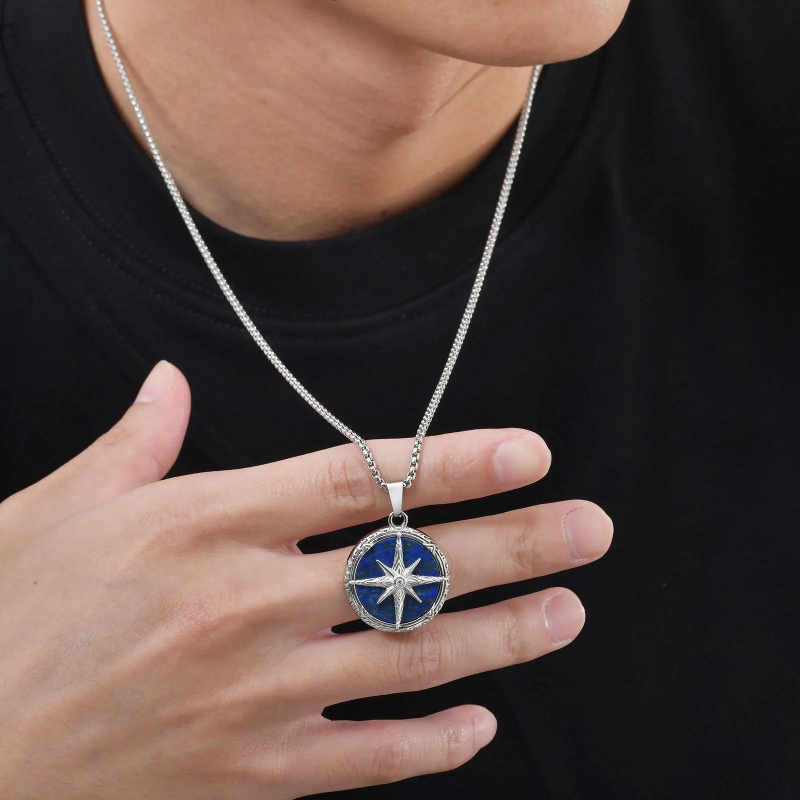 Eight-Pointed Star Stone Round Pendant Necklace