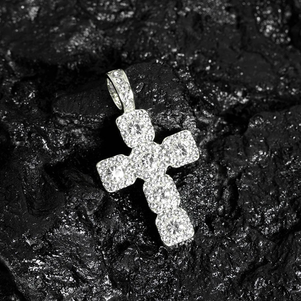 Iced Out Cross Pendant Necklace — 4mm Tennis Chain, Two-Tone