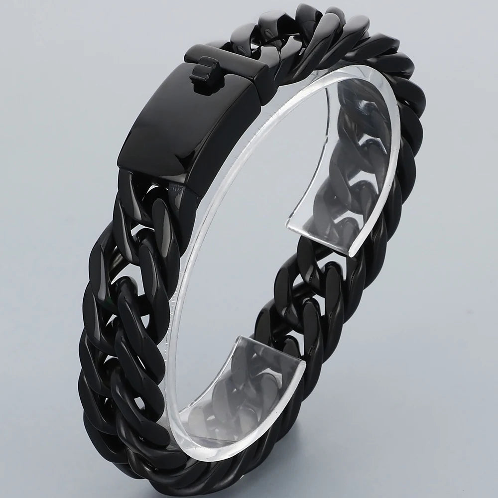 12/15MM Width Cuban Link Chain Bracelet For Man Waterproof Black/Gold Color Stainless Steel Bracelets Valentines
