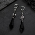 Gothic Bat Dangle Hoop Earrings Black Crystal Spike — Silver-Tone