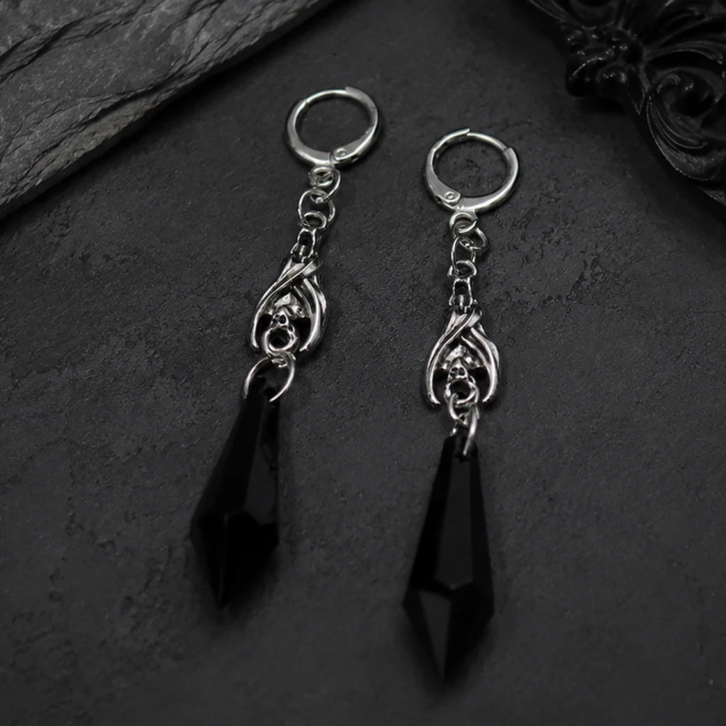 Gothic Bat Dangle Hoop Earrings Black Crystal Spike — Silver-Tone