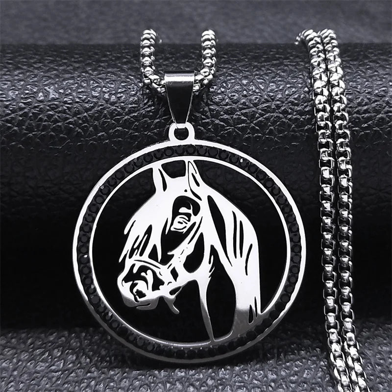 Horses Head Pendant Necklace for Men Women Stainless Steel Crystal Animal Chain Horse Accessories Jewelry Colar