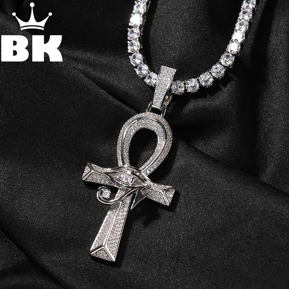 THE BLING KING Iced Eye of Horus Ancien Egypt Ankh Pendant Necklace Big Vintage Zirconia Cross Key Of Life Guardian Jewelry Gift