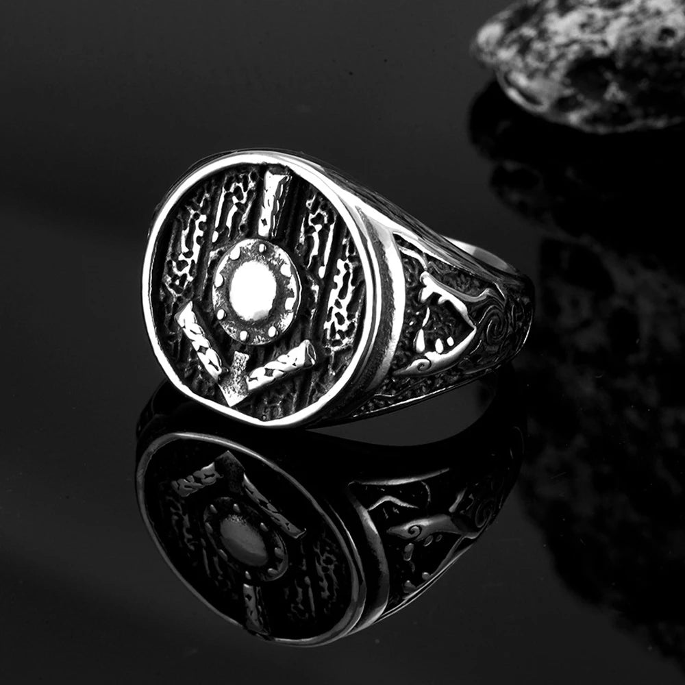 Vintage Viking Rings for Men Stainless Steel Nordic Warrior Shield Viking Rune Ring Fashion Amulet Jewelry Gift