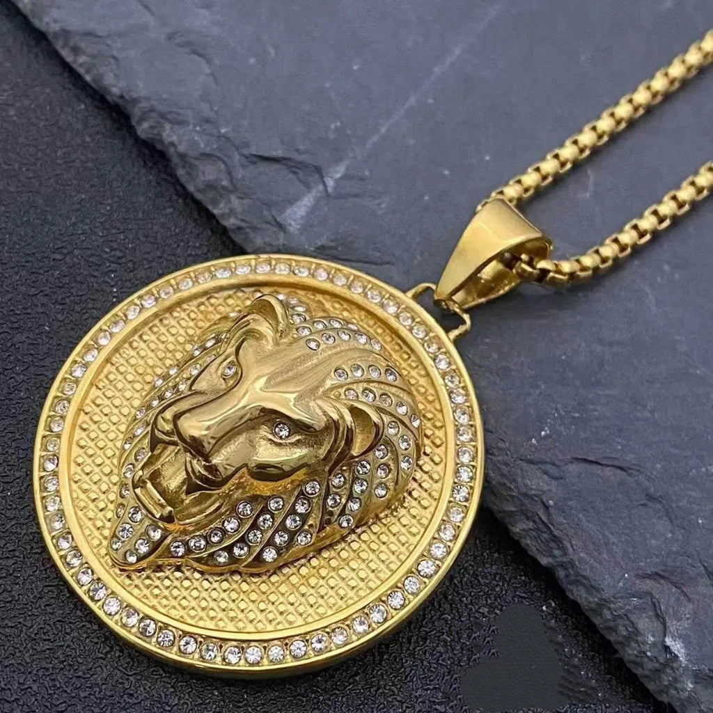 Iced Out Lion Head Pendant Necklace — Stainless Steel