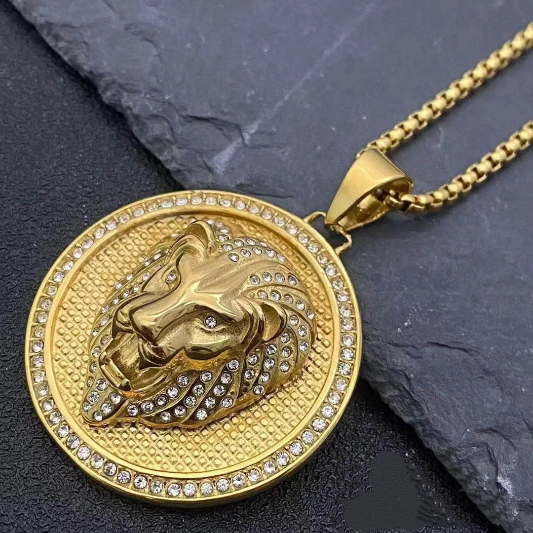 Iced Out Lion Head Pendant Necklace — Stainless Steel