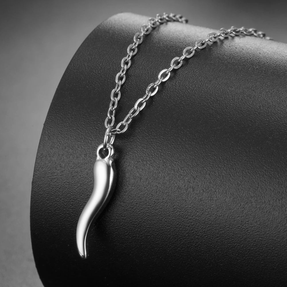 Italian Horn Amulet Pendant Necklace — Steel