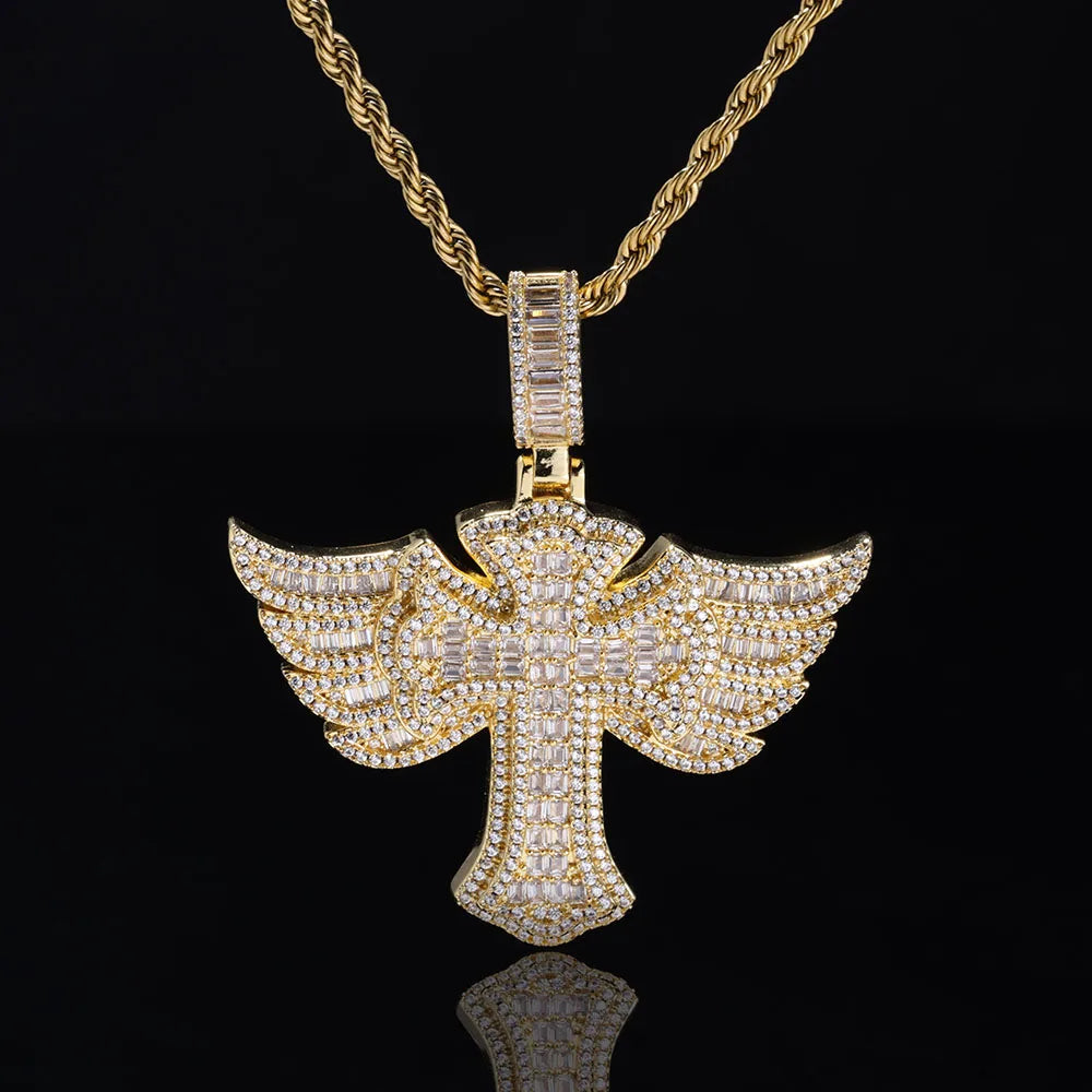 Cross Angel Wings Pendant Necklace Iced Out