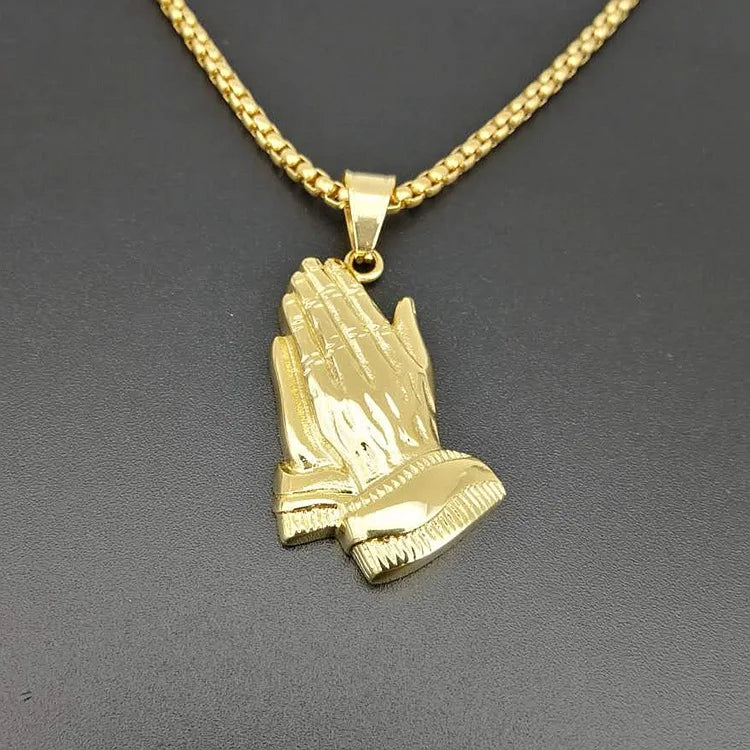 Iced Out Praying Hands Pendant — Gold