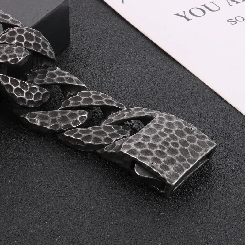 Heavy Curb Bracelet for Men Vintage Stainless Steel Foundry Tapping Pattern Cuban Chain Male Bangle Bracelets Jewelry