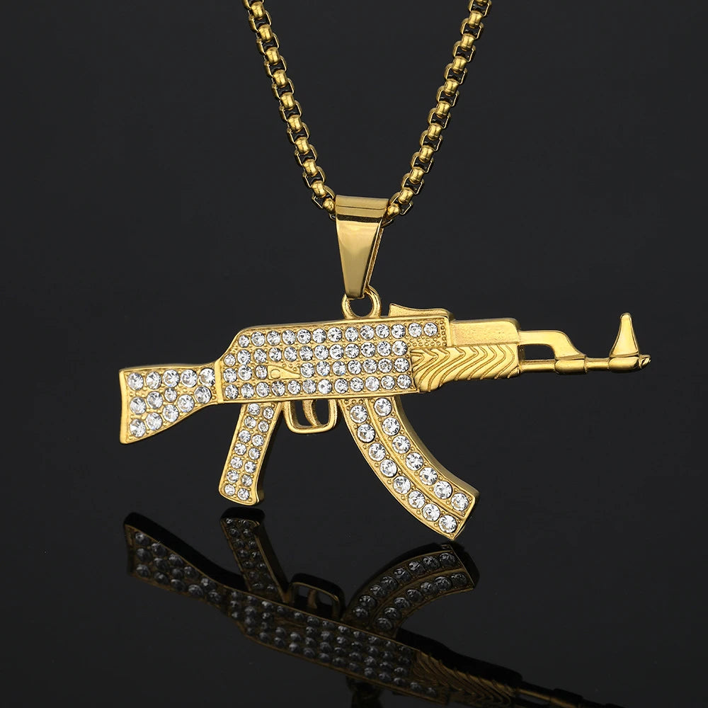 Iced Out AK47 CZ Pendant Necklace — Stainless Steel, Gold-Tone