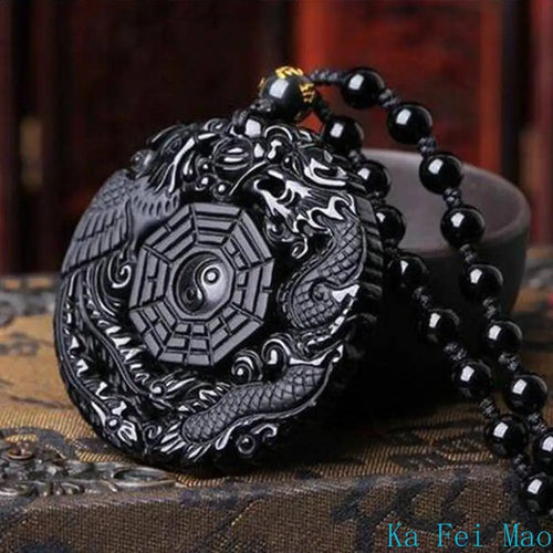 Chinese Dragon Phoenix Black Amulet Ancient Pendant Necklace