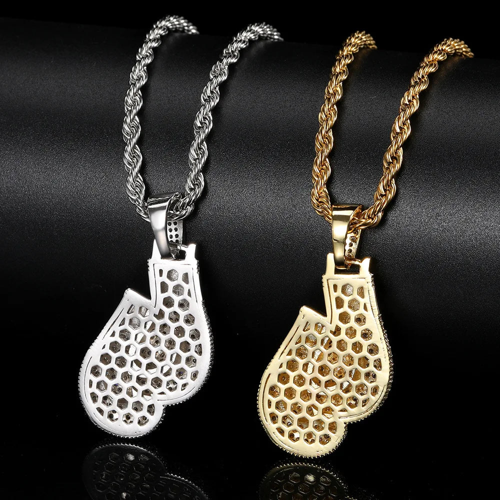 Gold Iced Out Boxing Gloves Pendant Necklace