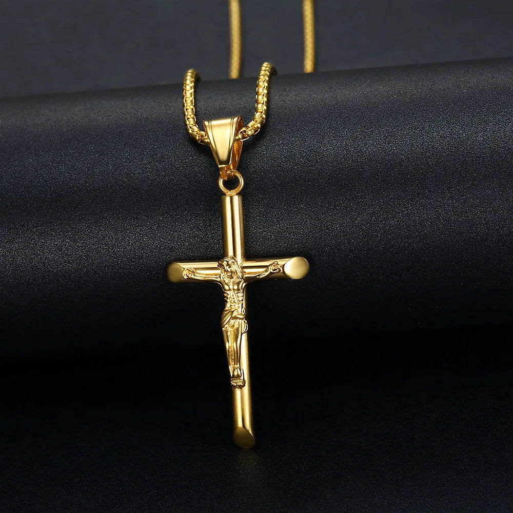 Jesus Cross Pendant Collar Chain Necklace — Stainless Steel