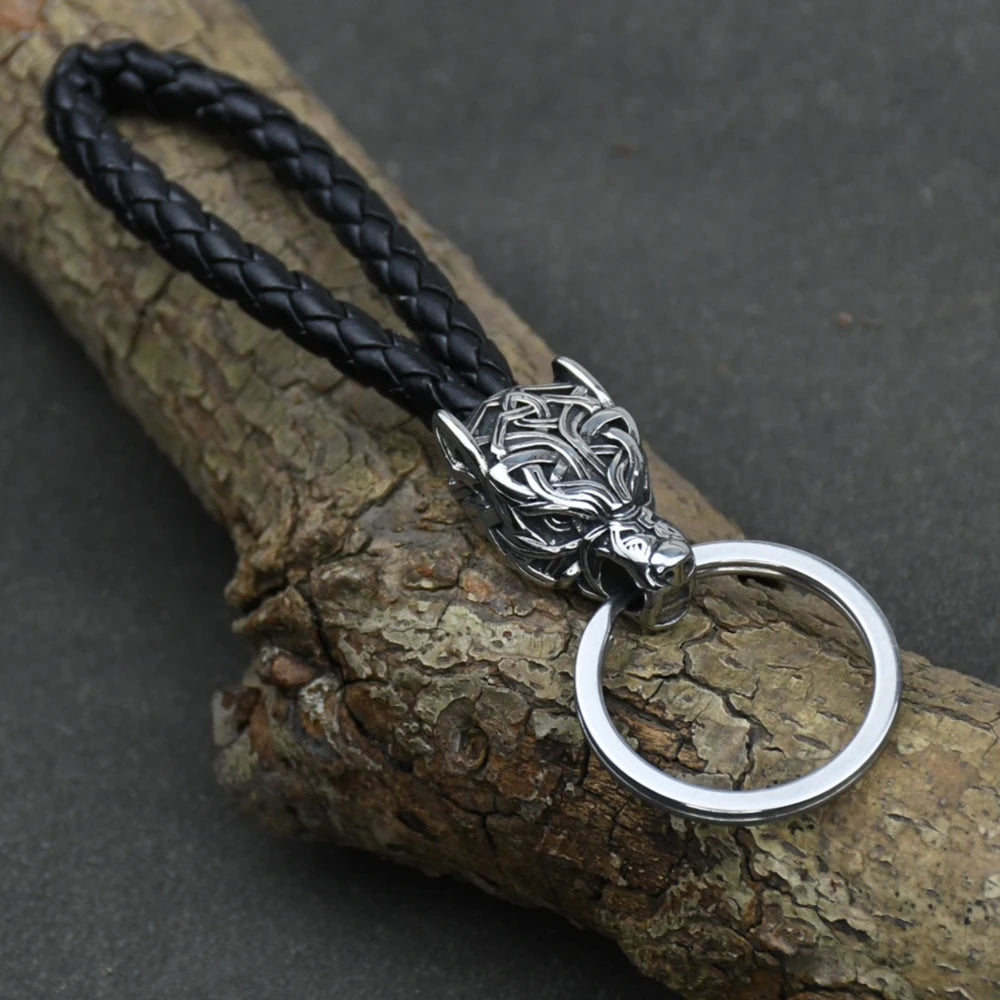 Vintage Wolf Head Keychains Viking Pendant Stainless Steel Wolf Keyring Male Black Leather Key Ring