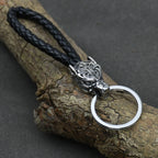 Vintage Wolf Head Keychains Viking Pendant Stainless Steel Wolf Keyring Male Black Leather Key Ring