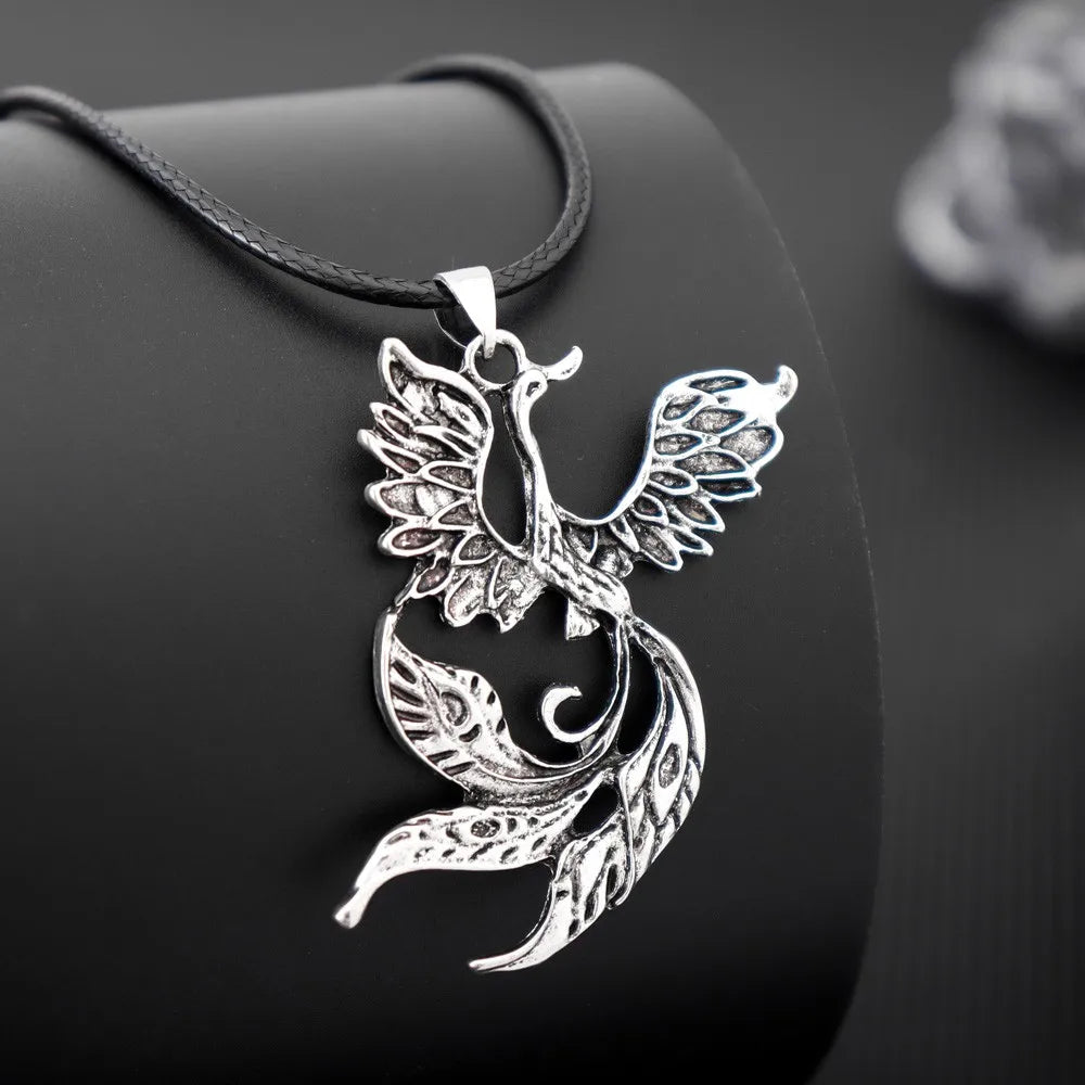 Vintage Phoenix Pendant Necklace — Black Cord, Animal Medal