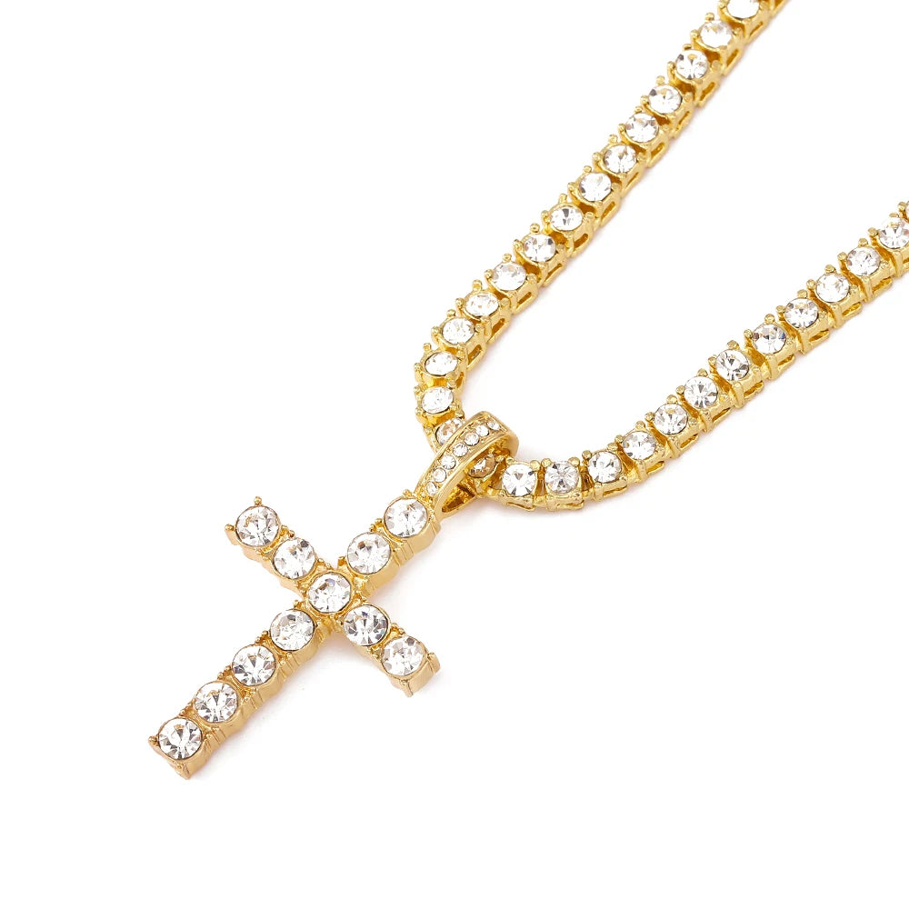 Iced Out Cross Pendant Necklace With 4mm Tennis Chain Religious Charm Full Rhinestone Bling Hip Hop Jewelry for Men and